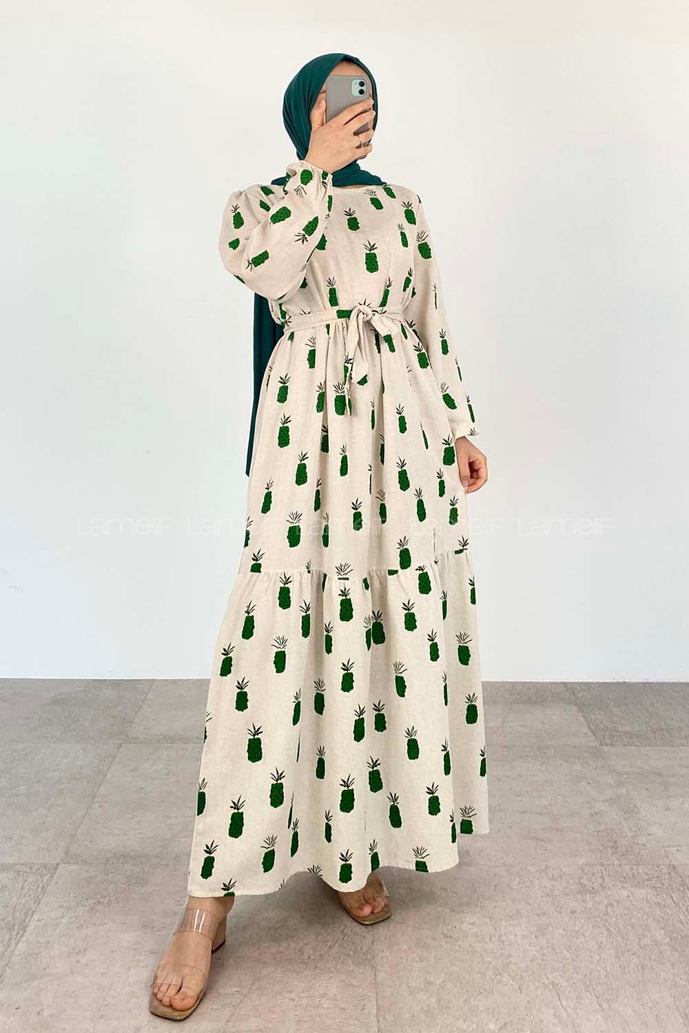 Green Crew Neck Linen Printed Dresess