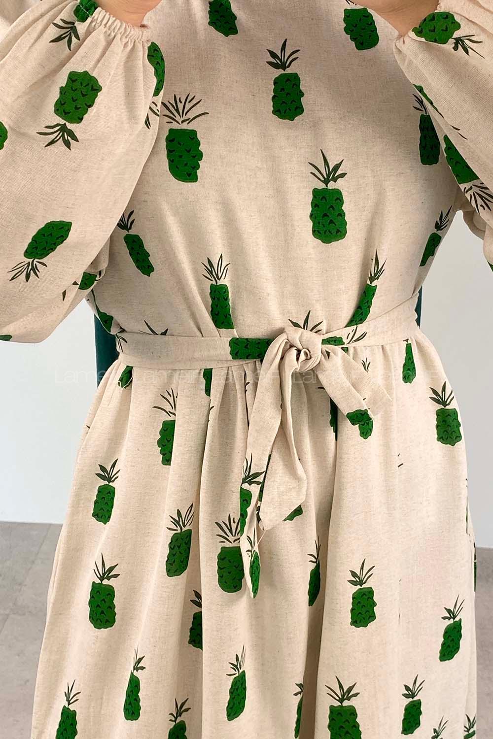 Green Crew Neck Linen Printed Dresess