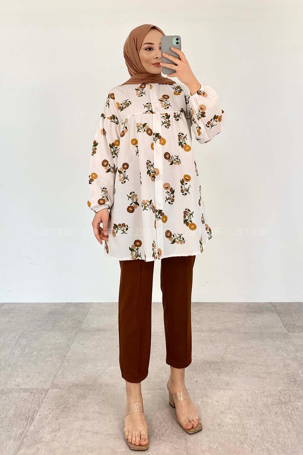 Brown Mandarin Collar Long Arm Cotton Printed Shirt