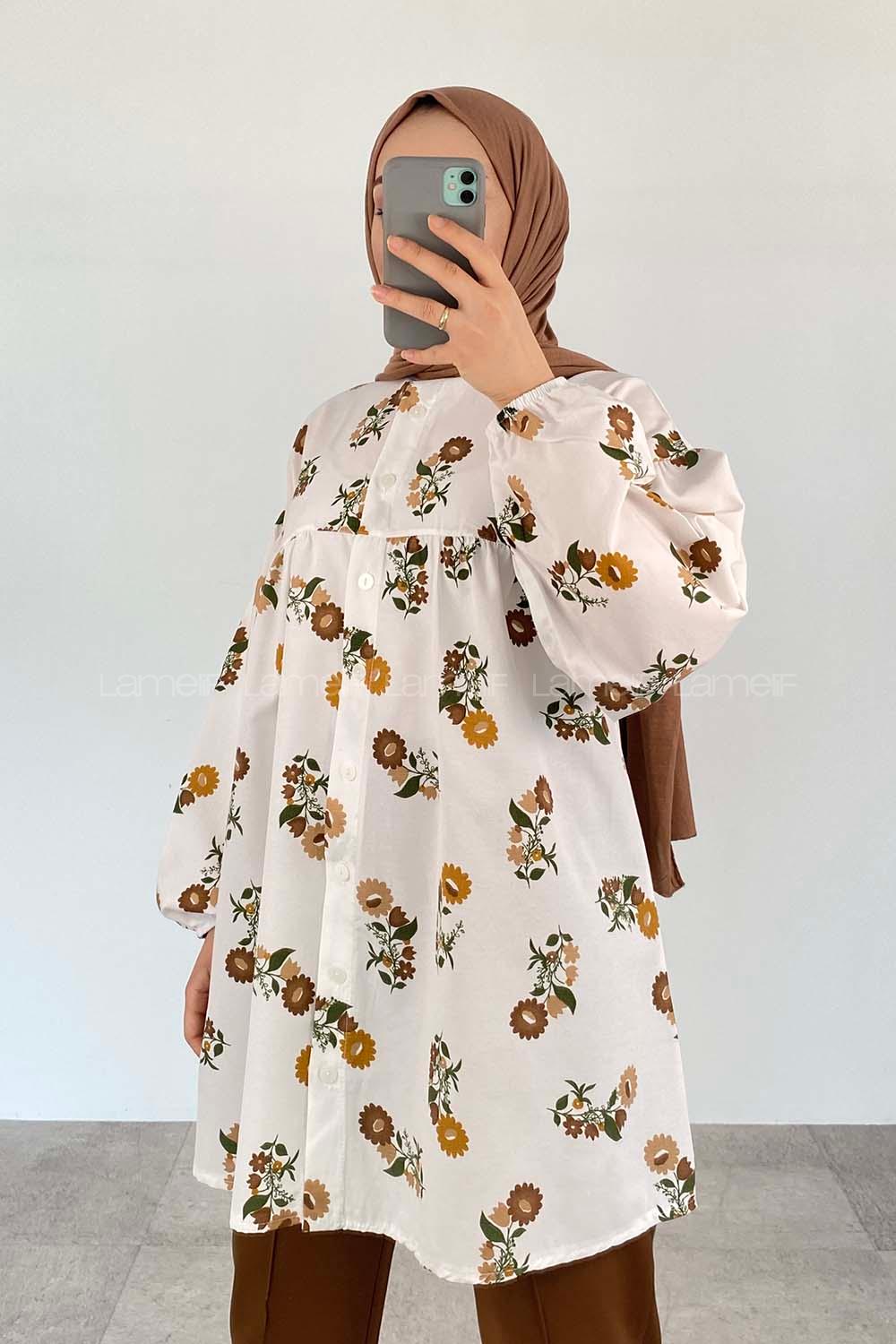 Brown Mandarin Collar Long Arm Cotton Printed Shirt