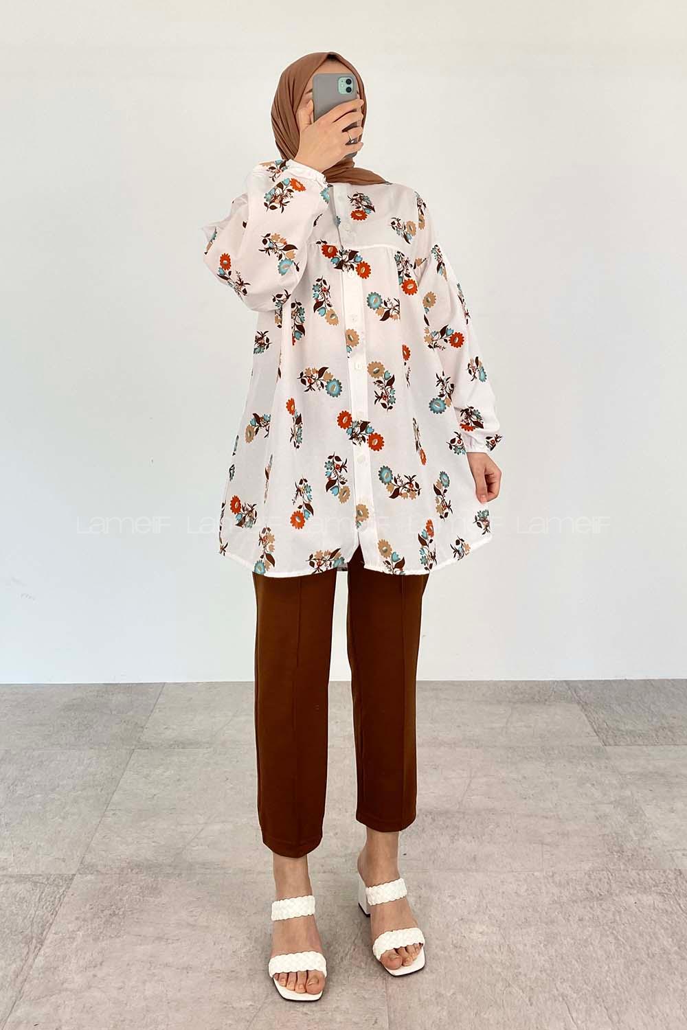 White Mandarin Collar Long Arm Cotton Printed Shirt