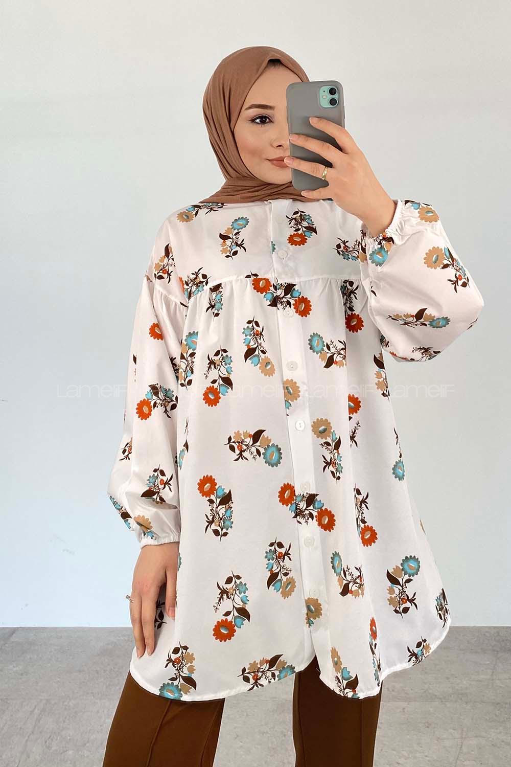 White Mandarin Collar Long Arm Cotton Printed Shirt
