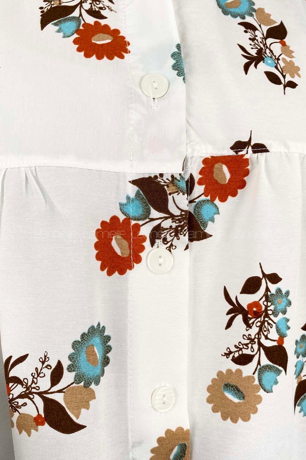 White Mandarin Collar Long Arm Cotton Printed Shirt