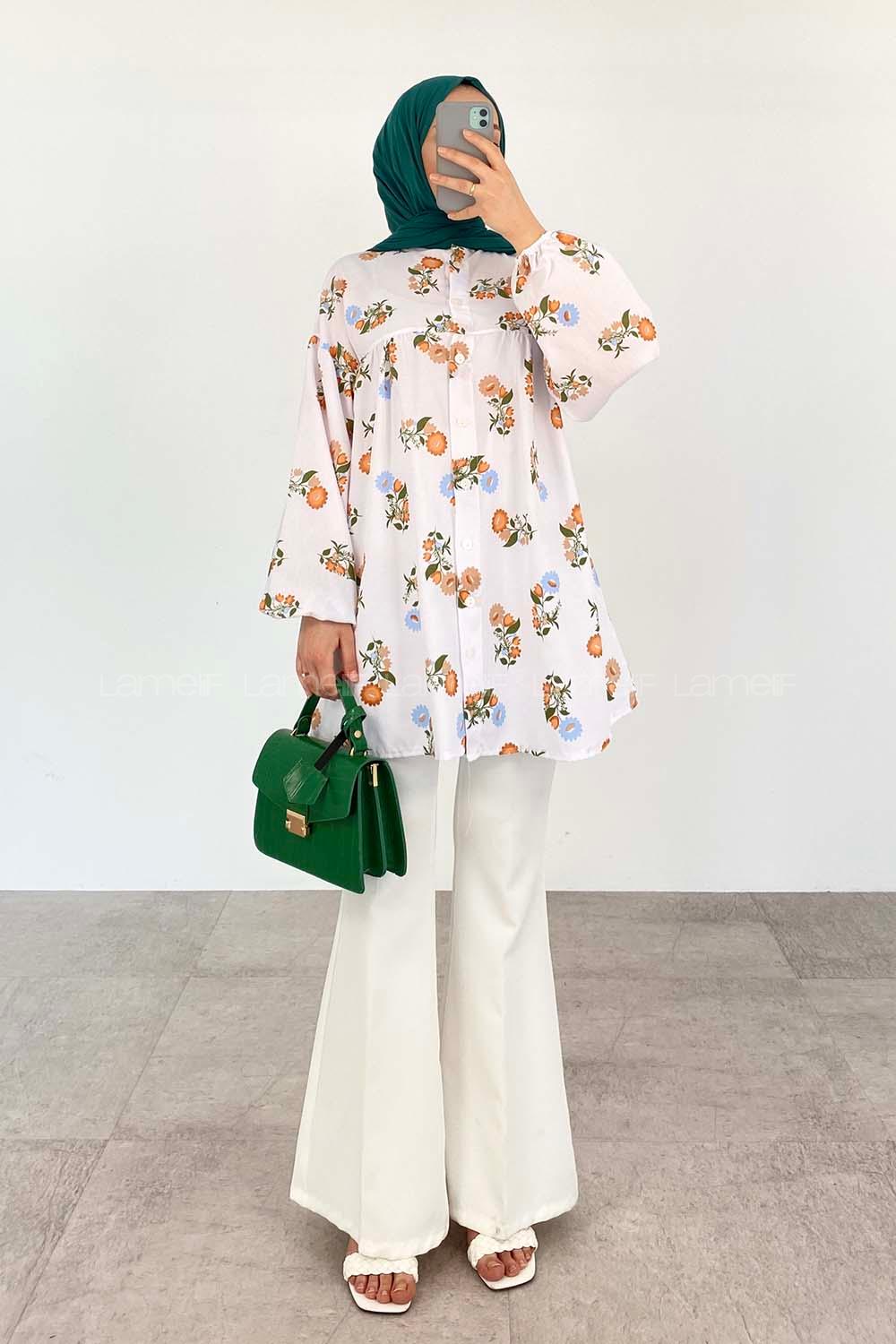 Orange Mandarin Collar Long Arm Cotton Printed Shirt