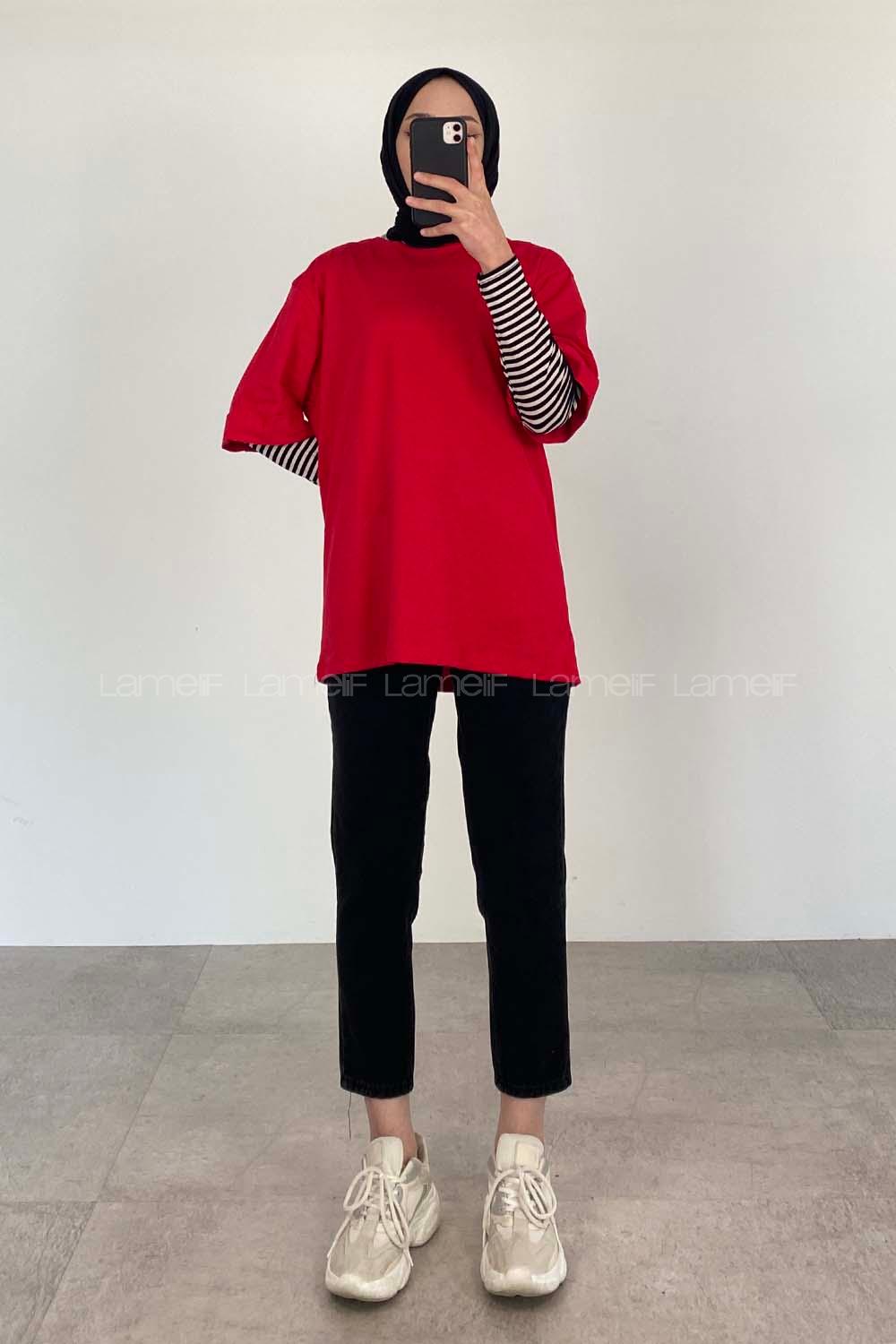 Red Crew Neck Half Arm Arm Cotton Fabric Unprinted T-shirt