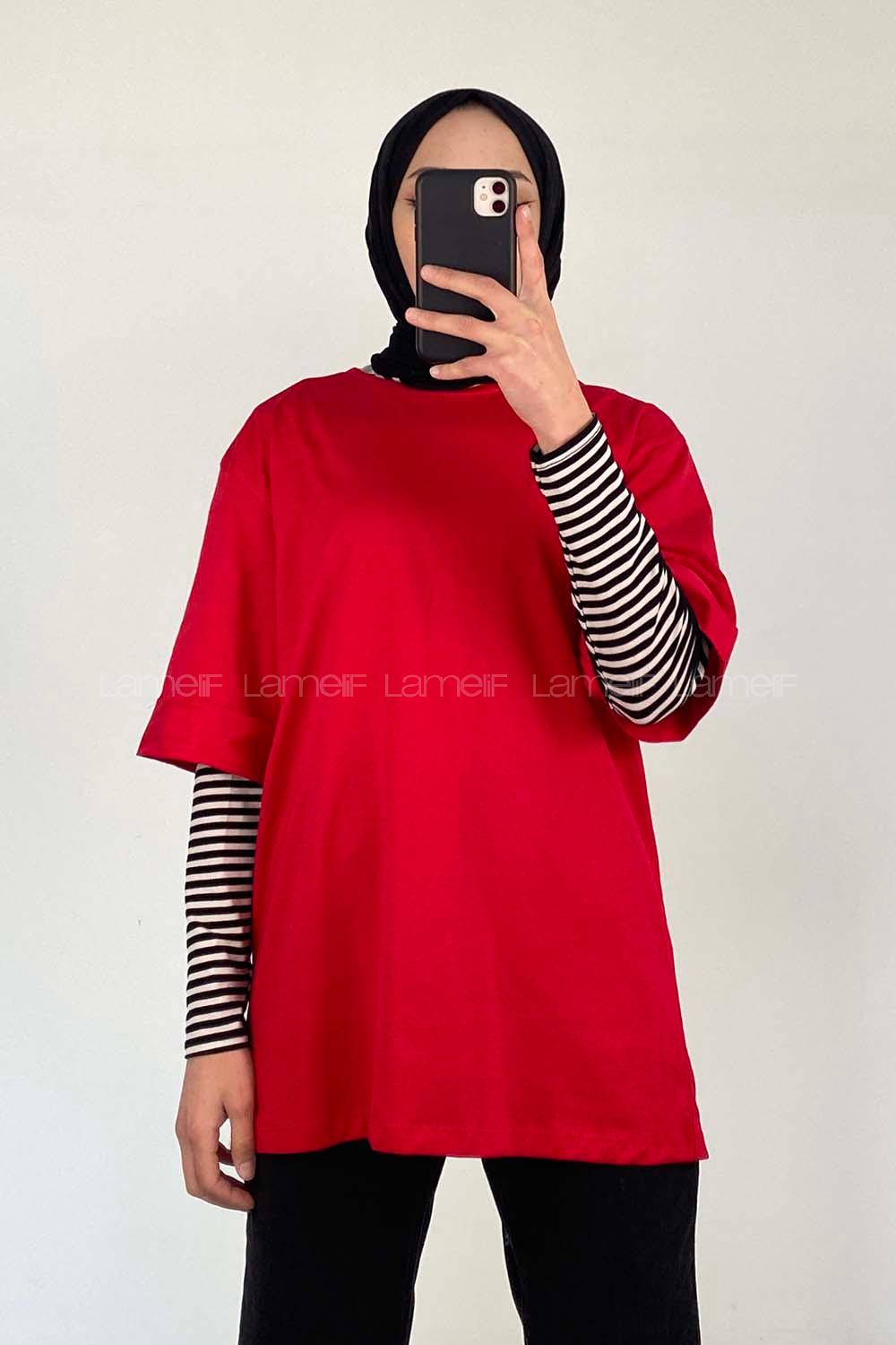 Red Crew Neck Half Arm Arm Cotton Fabric Unprinted T-shirt