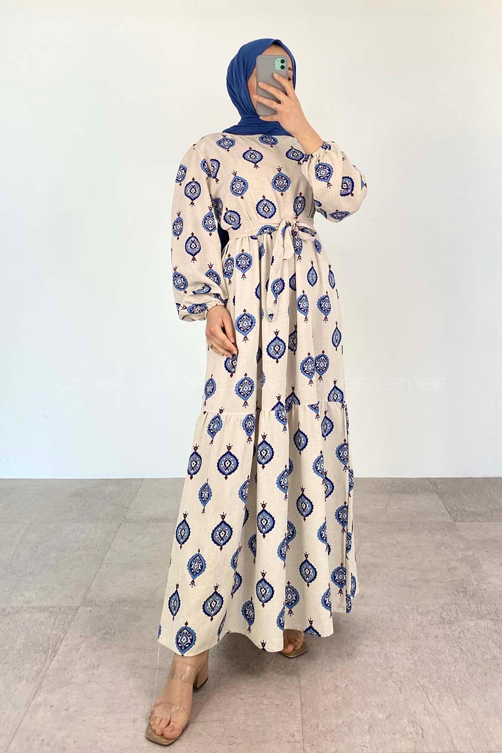 Ecru Navy Blue Crew Neck Linen Printed Dresess