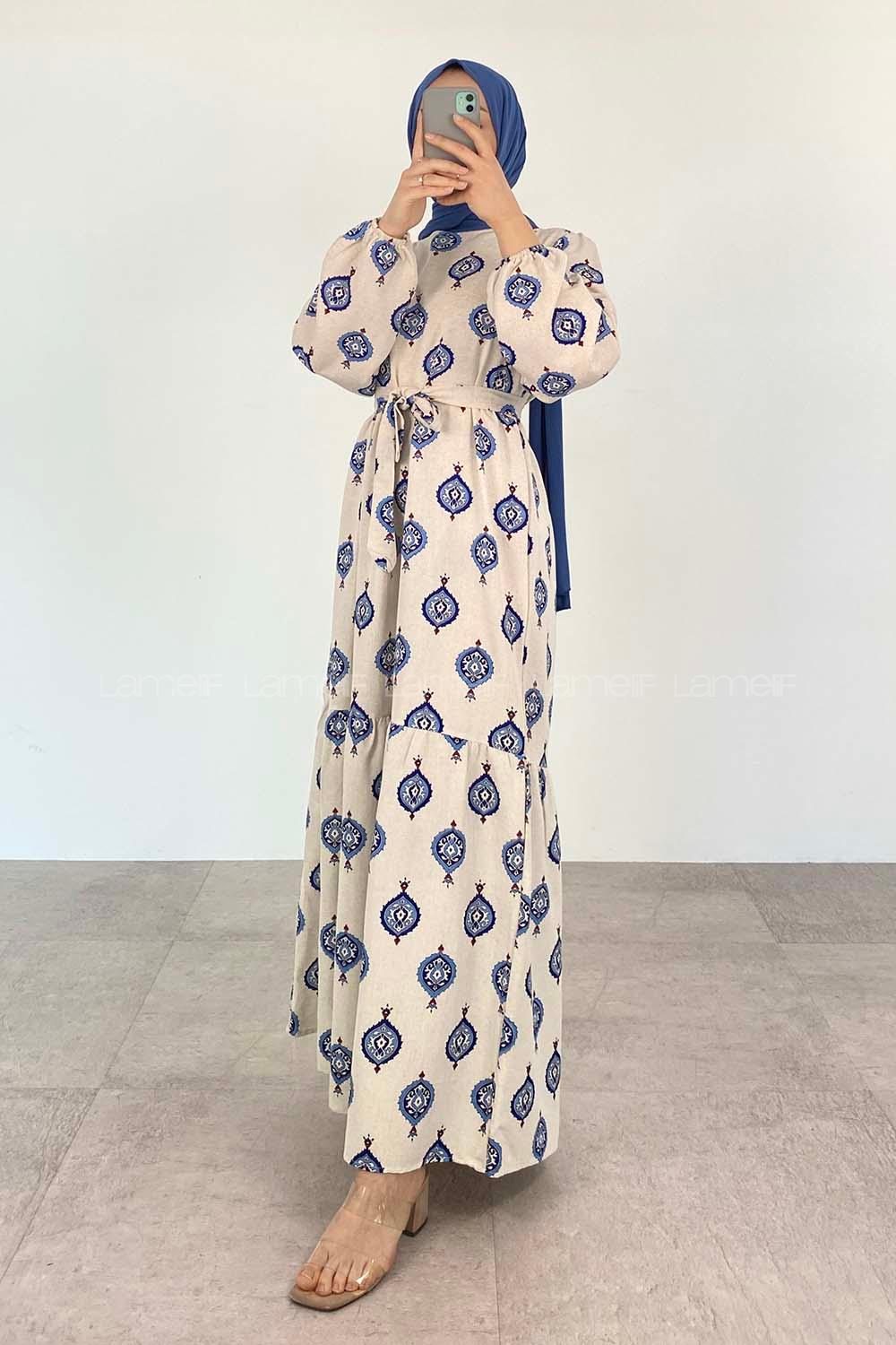 Ecru Navy Blue Crew Neck Linen Printed Dresess