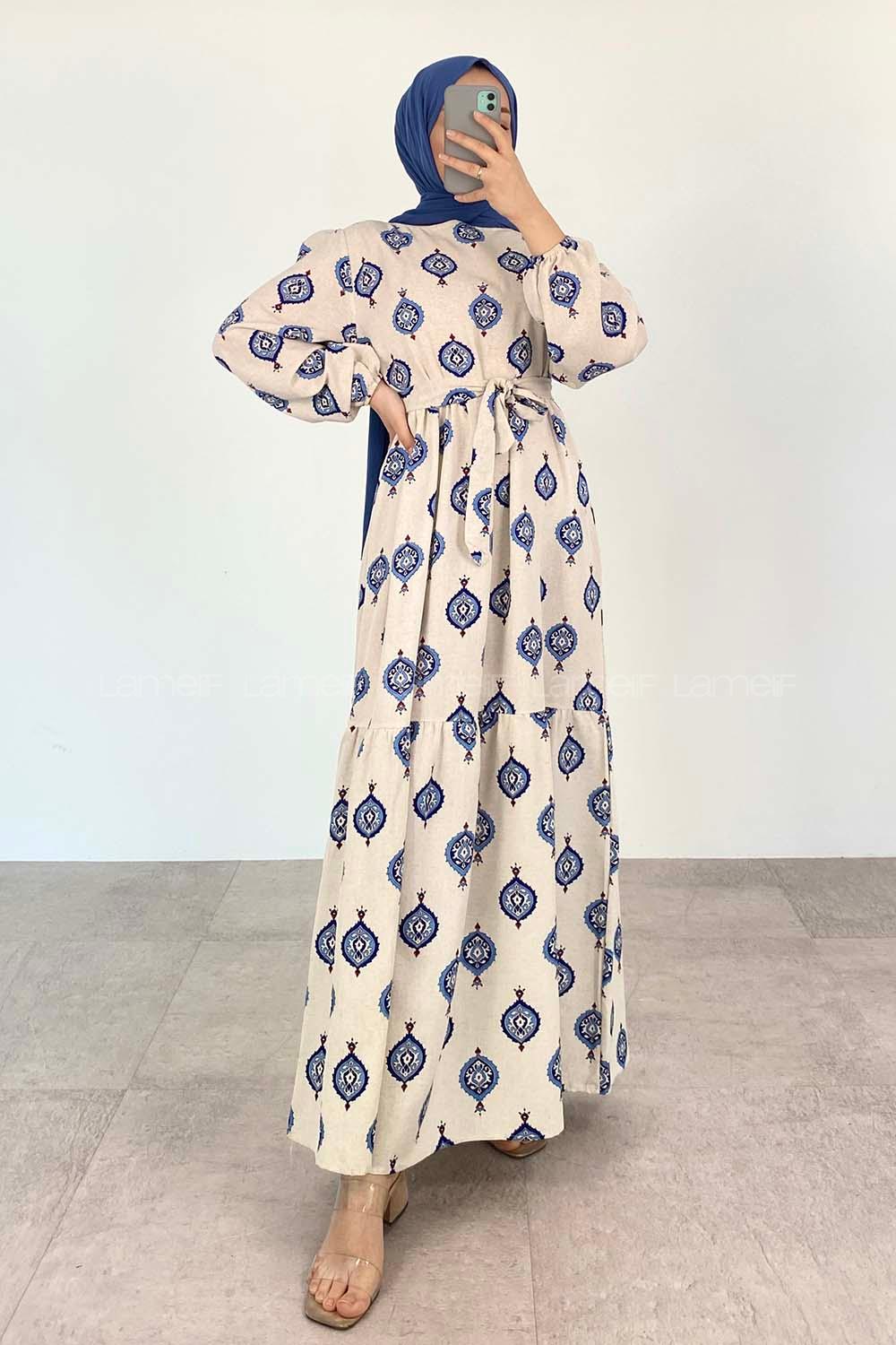 Ecru Navy Blue Crew Neck Linen Printed Dresess