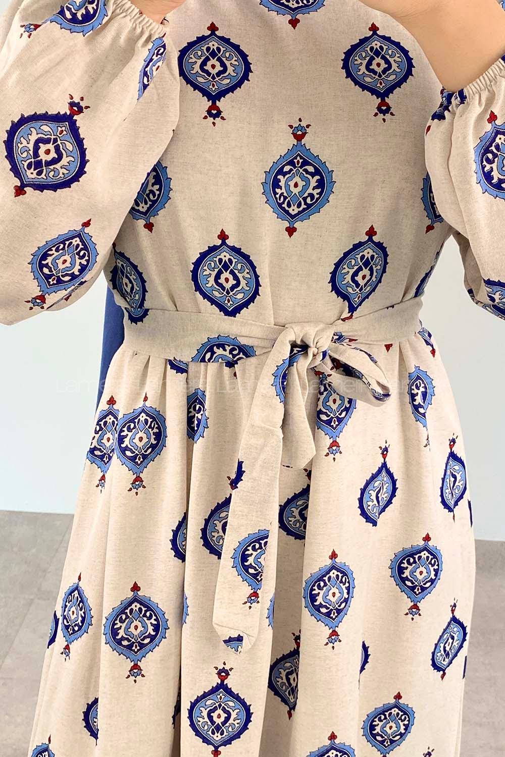 Ecru Navy Blue Crew Neck Linen Printed Dresess