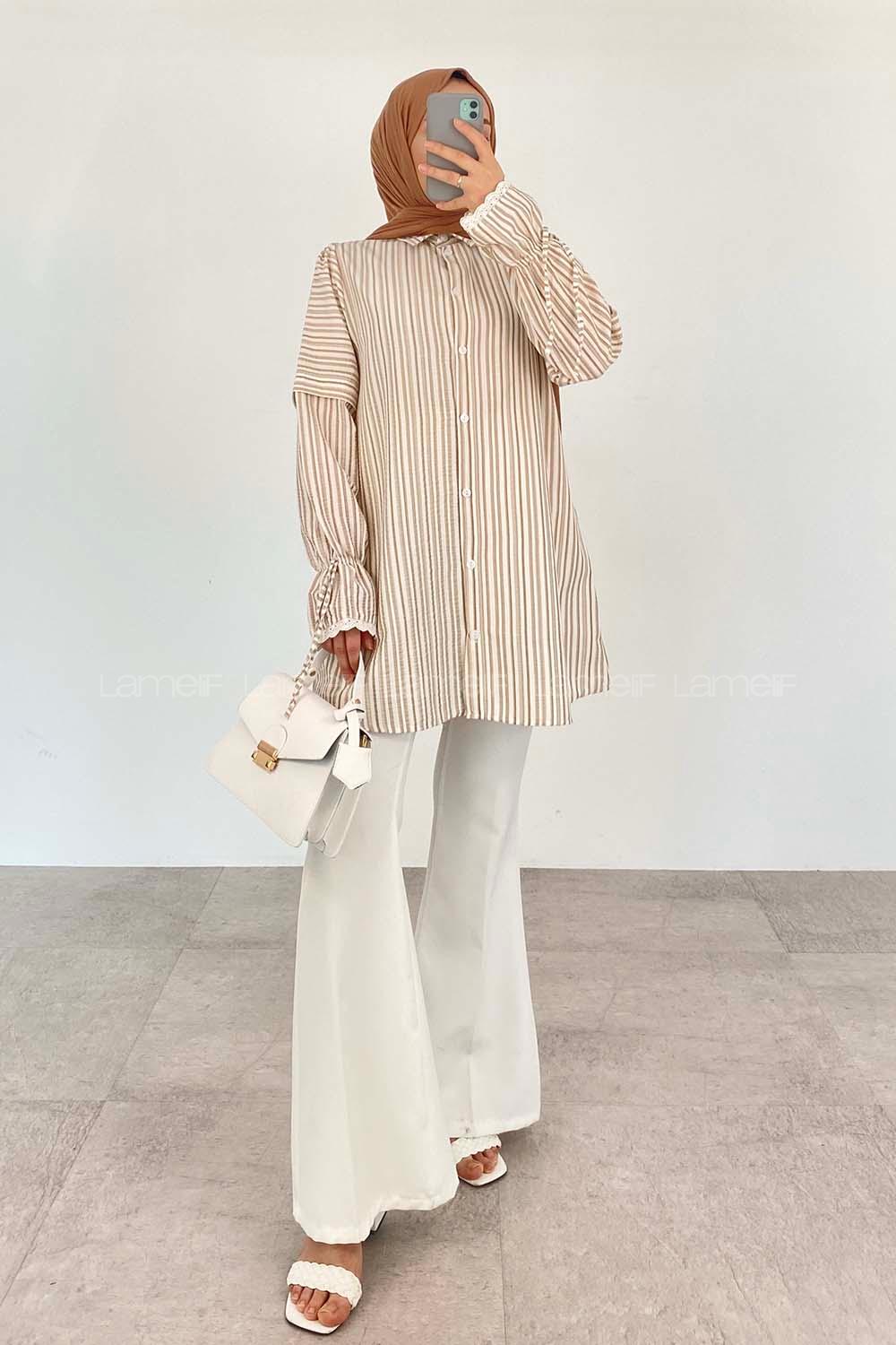 Brown With Milk Shirt Collar Long Arm Unprinted Shirt