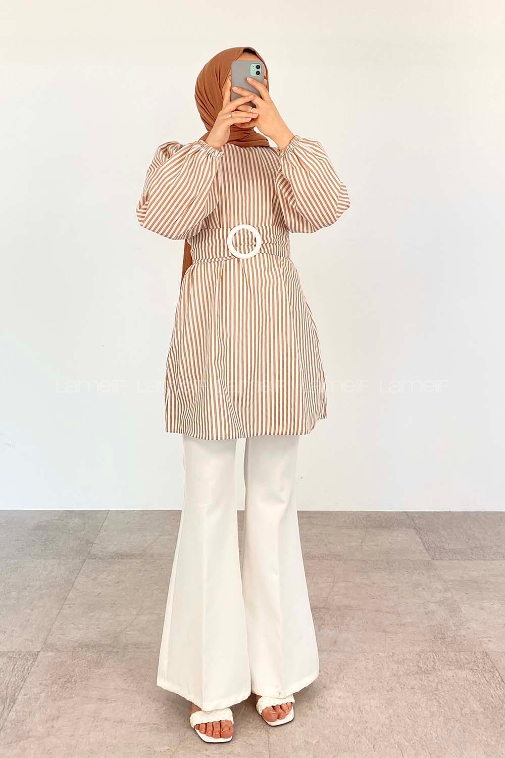 Brown With Milk Crew Neck Poplin Fabric Unprinted Tunic