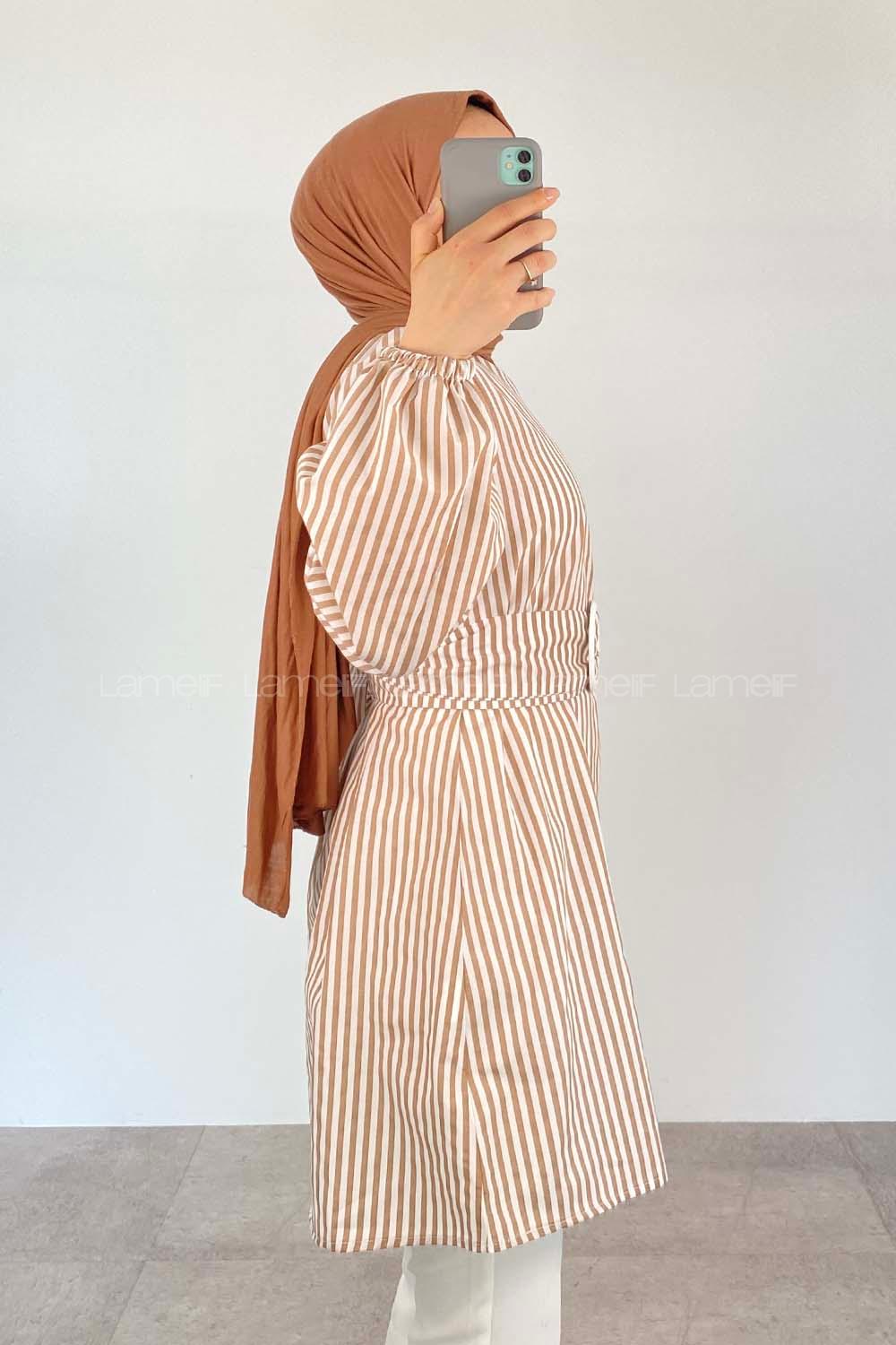 Brown With Milk Crew Neck Poplin Fabric Unprinted Tunic