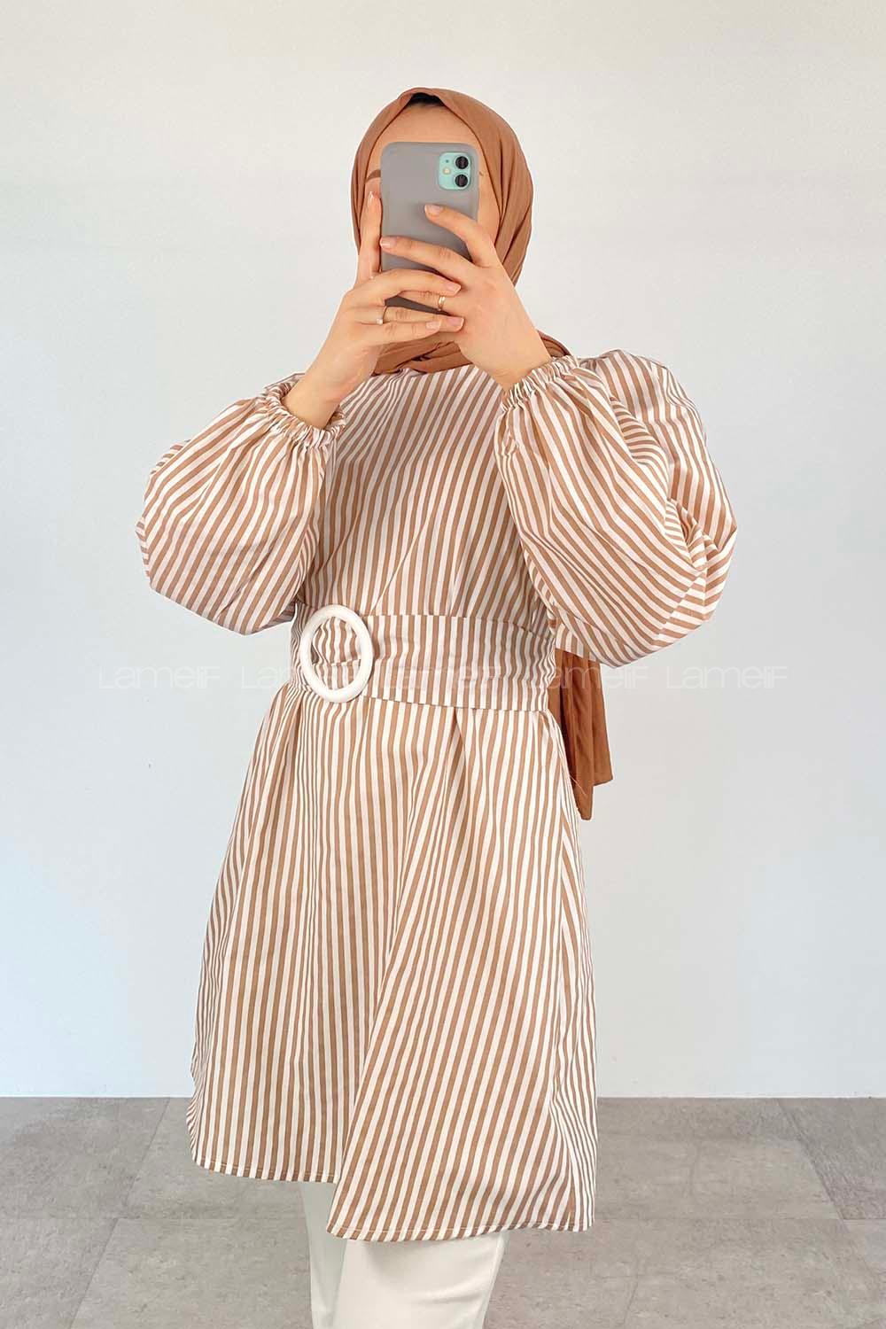Brown With Milk Crew Neck Poplin Fabric Unprinted Tunic