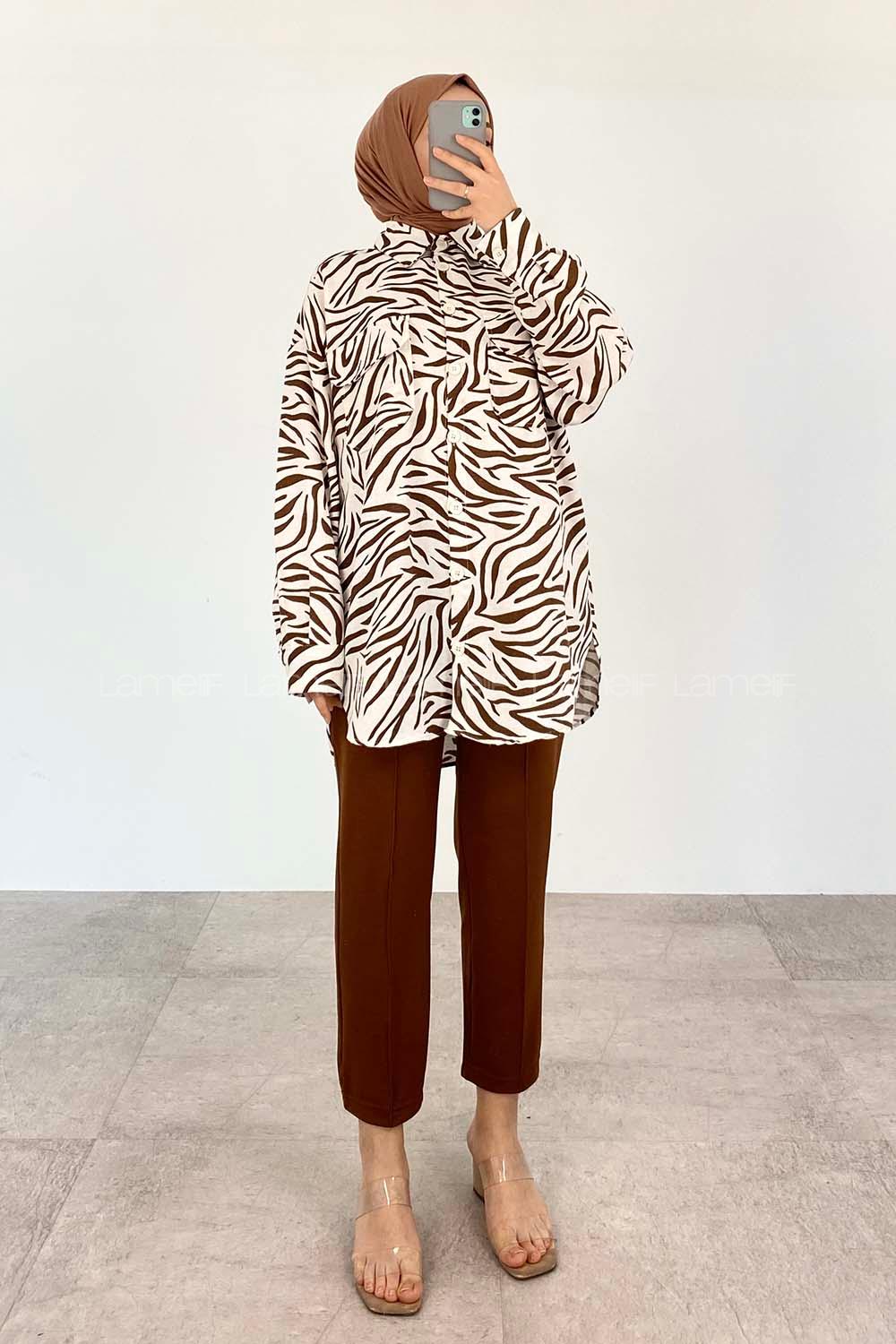 Brown-1 Shirt Collar Long Arm Linen Printed Shirt