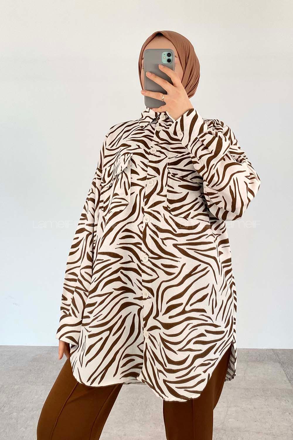 Brown-1 Shirt Collar Long Arm Linen Printed Shirt