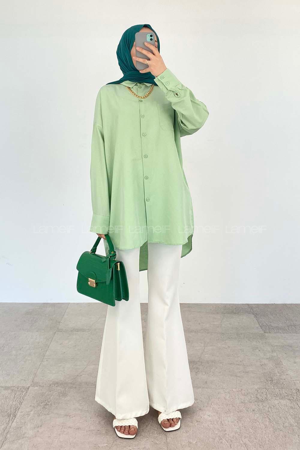 Green-2 Shirt Collar Long Arm Cotton Unprinted Shirt