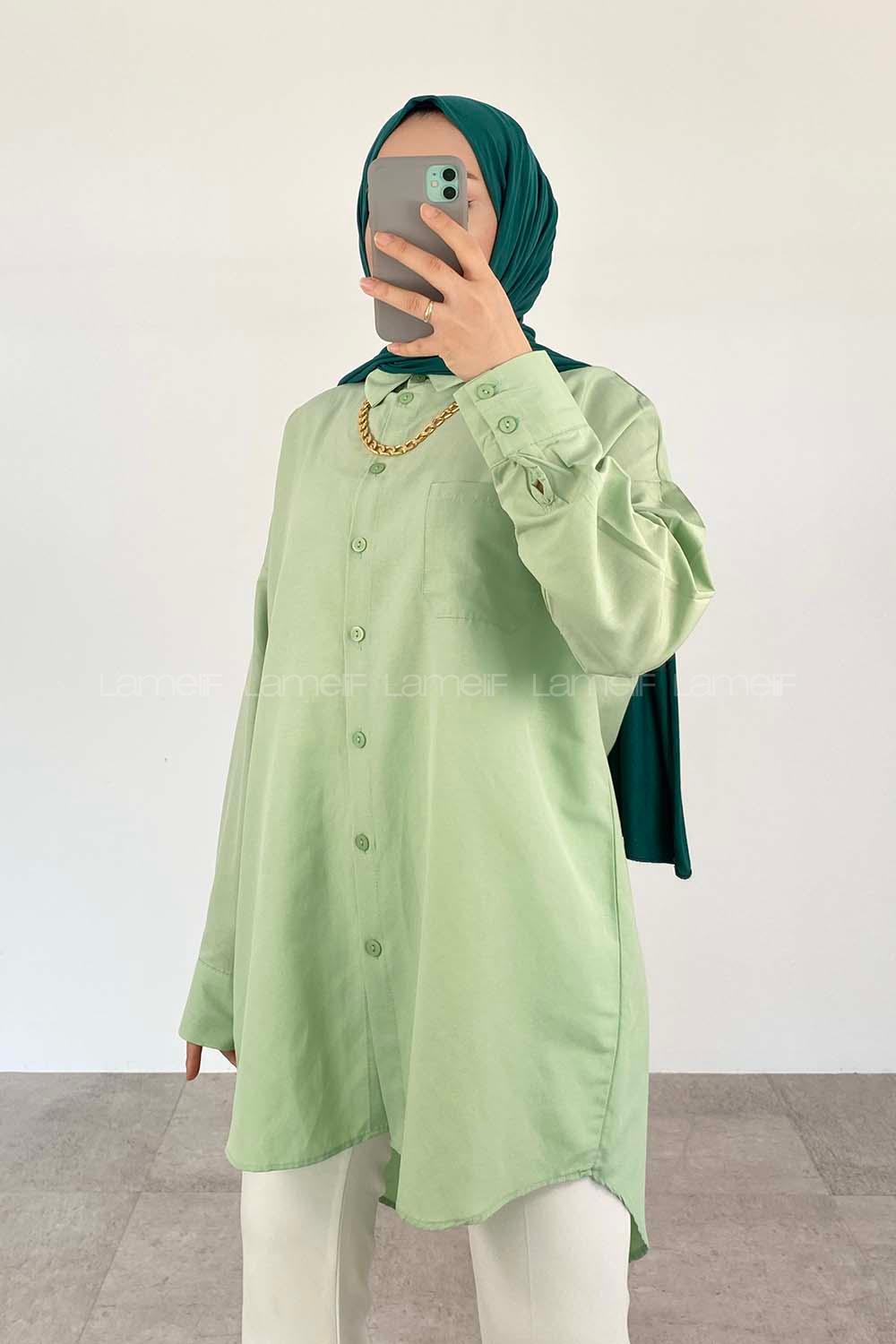 Green-2 Shirt Collar Long Arm Cotton Unprinted Shirt