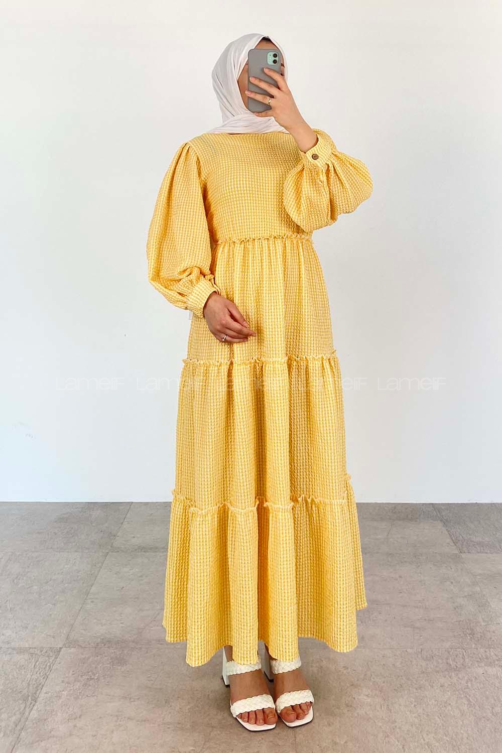 Yellow Crew Neck Acrylic Unprinted Dresess