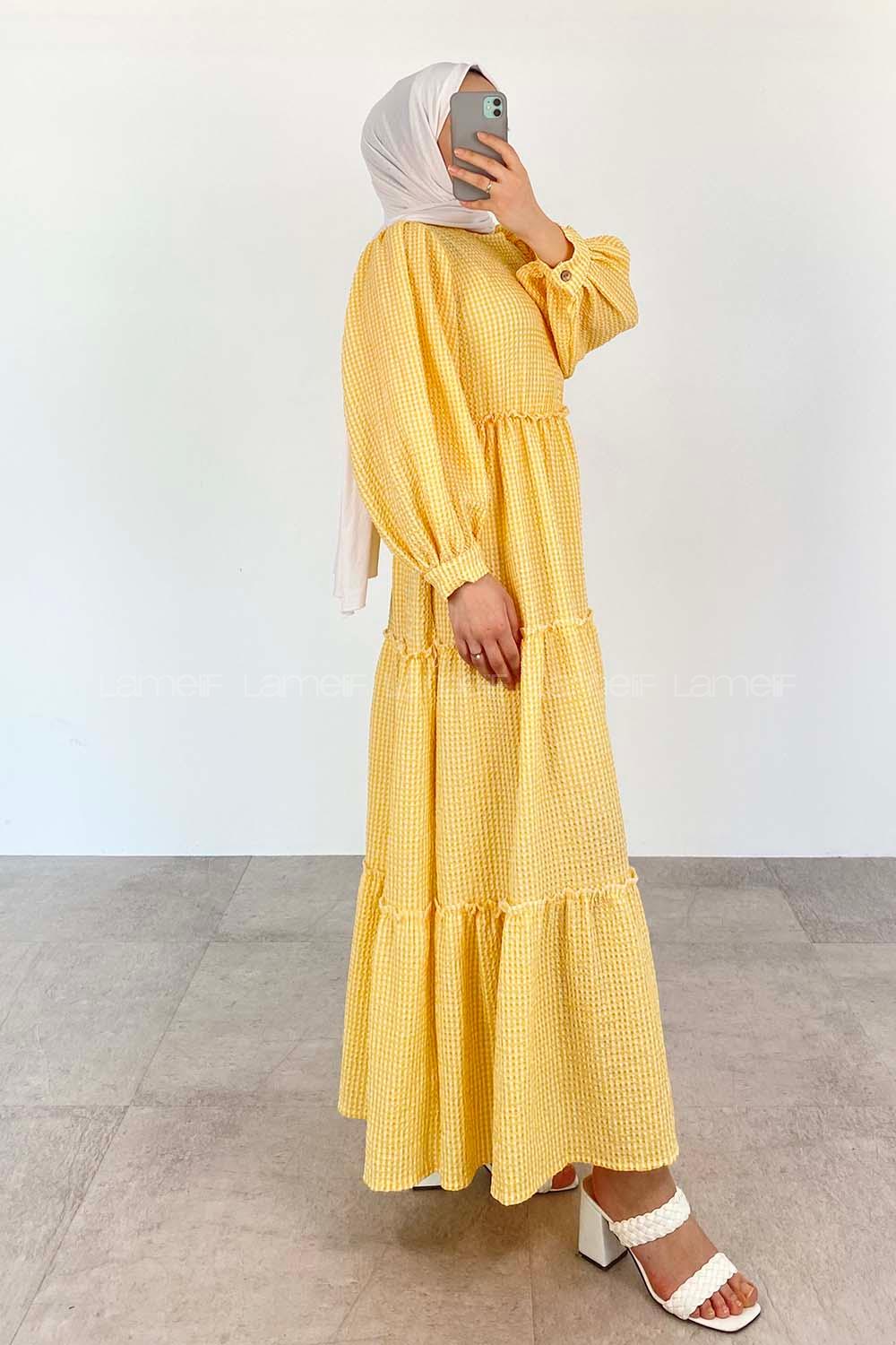 Yellow Crew Neck Acrylic Unprinted Dresess