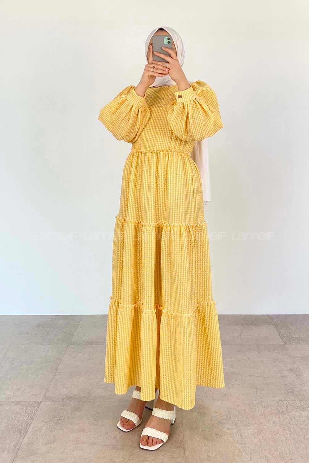 Yellow Crew Neck Acrylic Unprinted Dresess