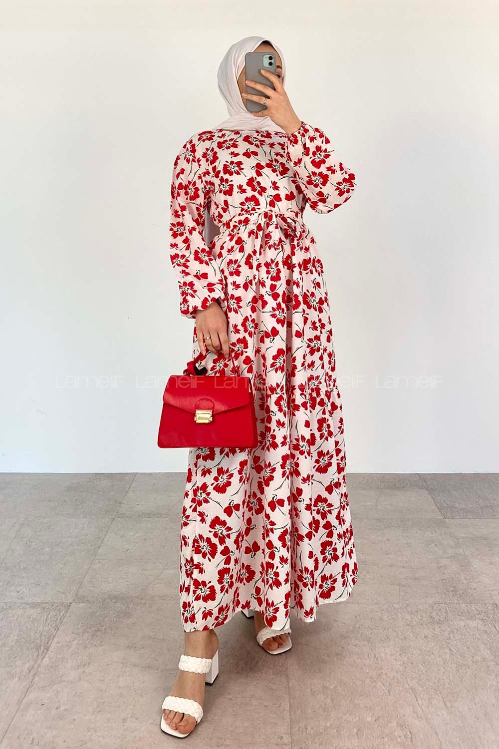 Red Crew Neck Poplin Fabric Printed Dresess