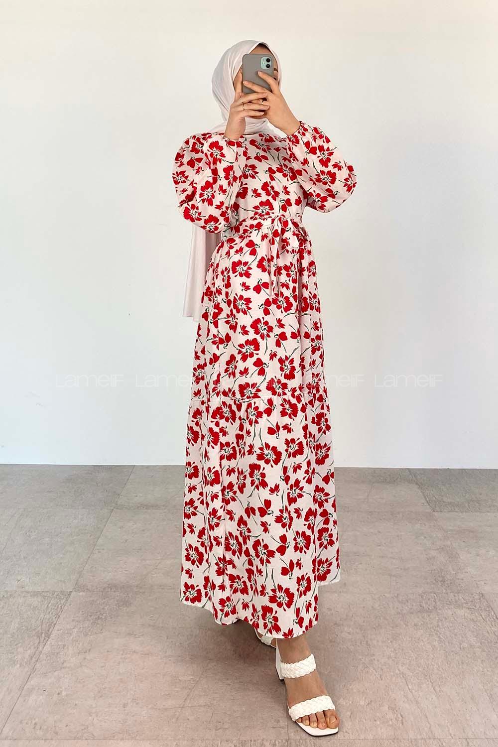 Red Crew Neck Poplin Fabric Printed Dresess