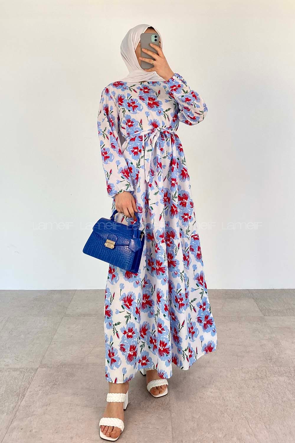 Blue Crew Neck Poplin Fabric Printed Dresess