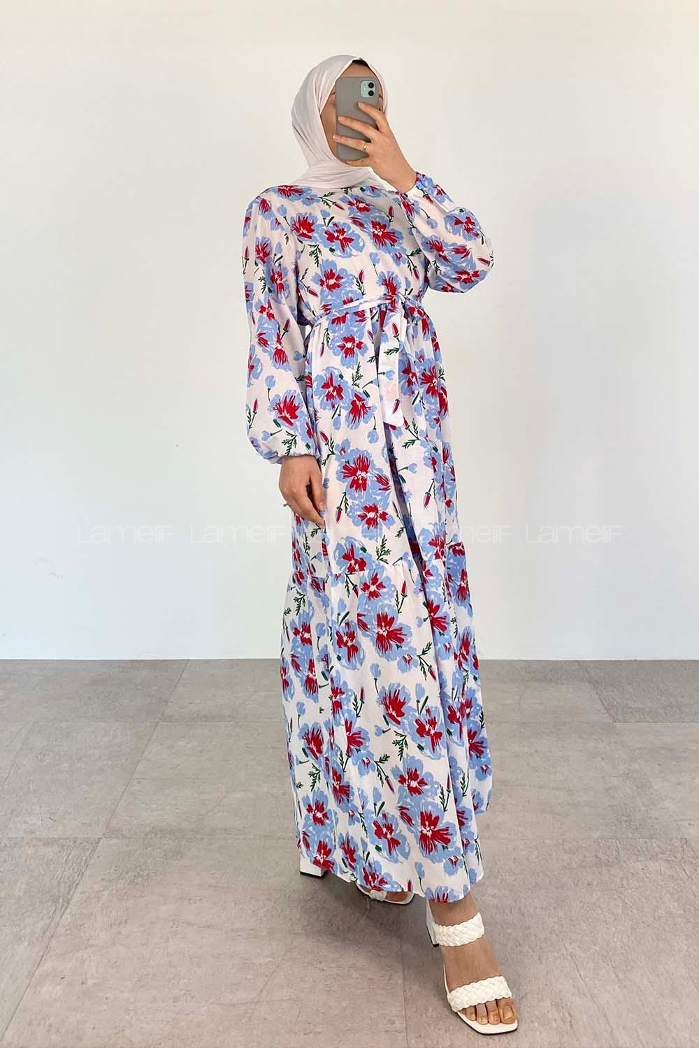 Blue Crew Neck Poplin Fabric Printed Dresess