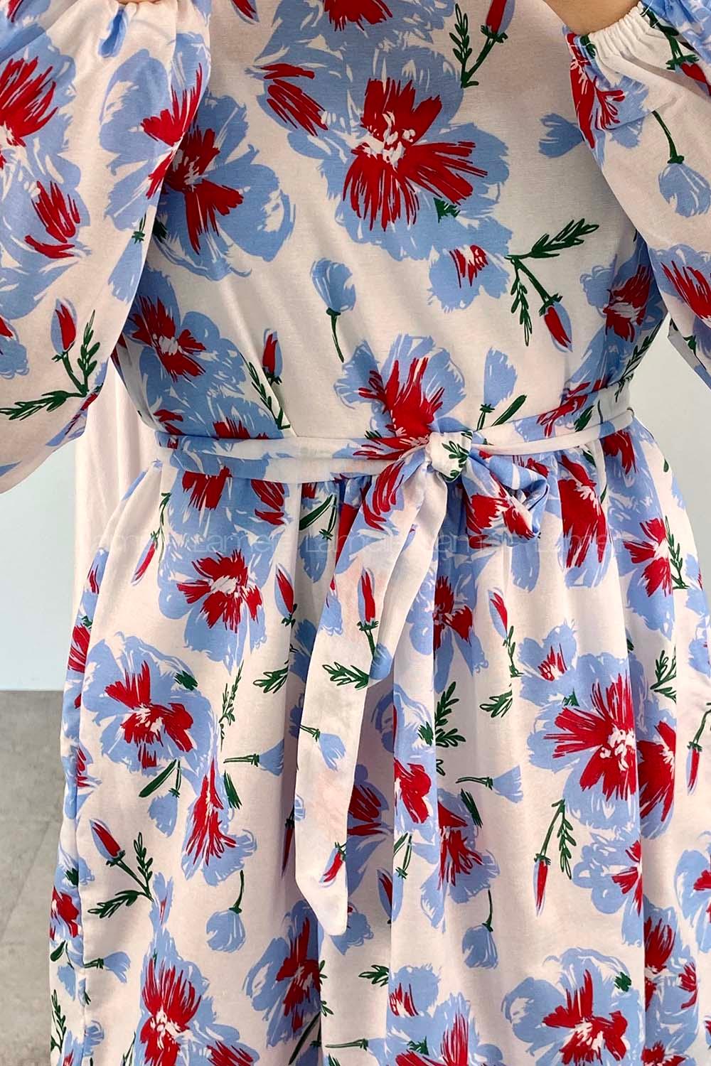 Blue Crew Neck Poplin Fabric Printed Dresess