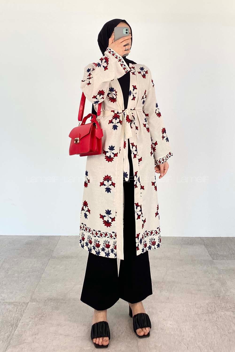 Ecru Burgundy Bat Sleeve Arm Belted Linen Flowering Kimono