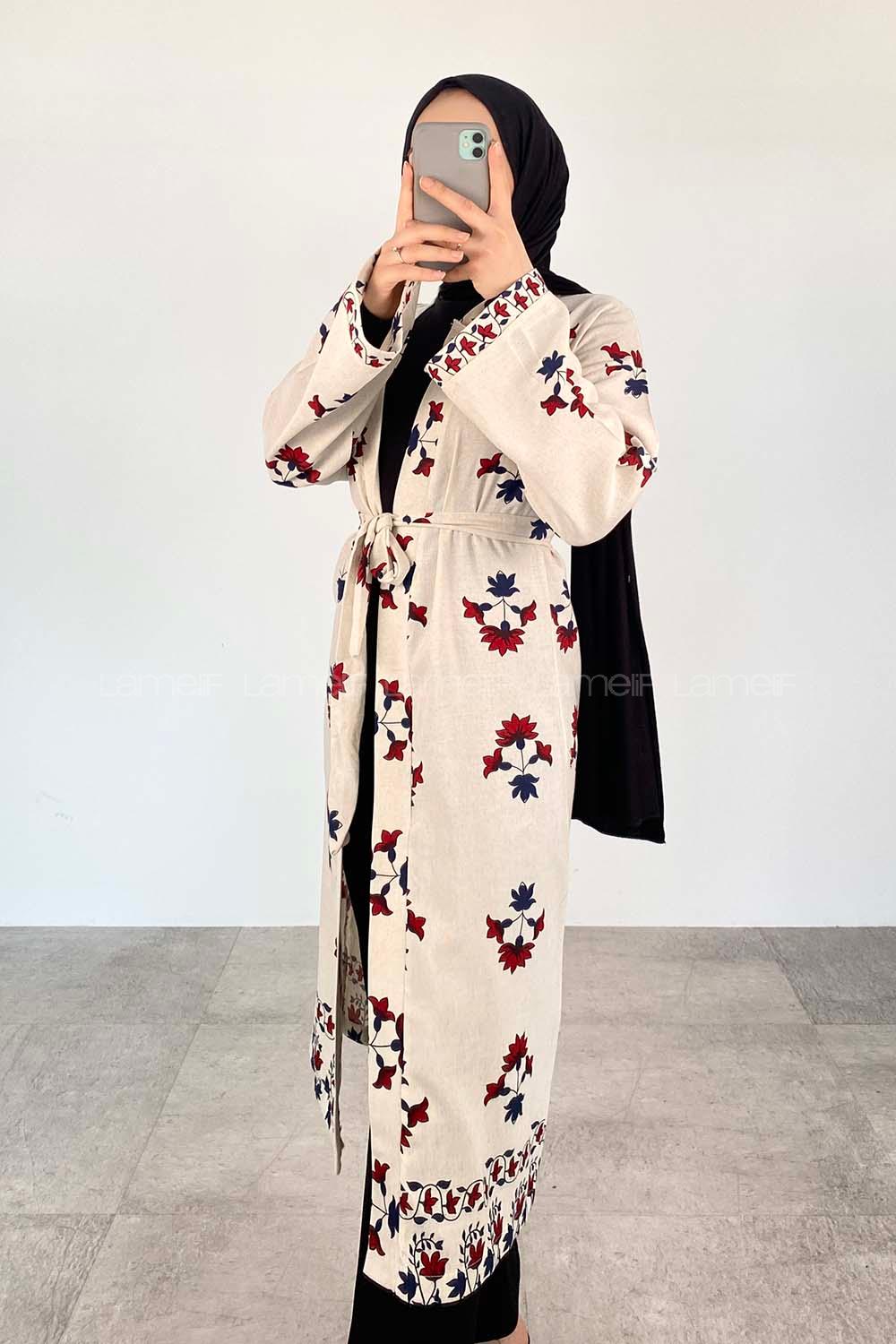 Ecru Burgundy Bat Sleeve Arm Belted Linen Flowering Kimono