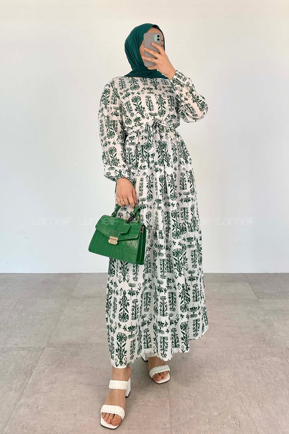 Emerald Green Crew Neck Poplin Fabric Printed Dresess