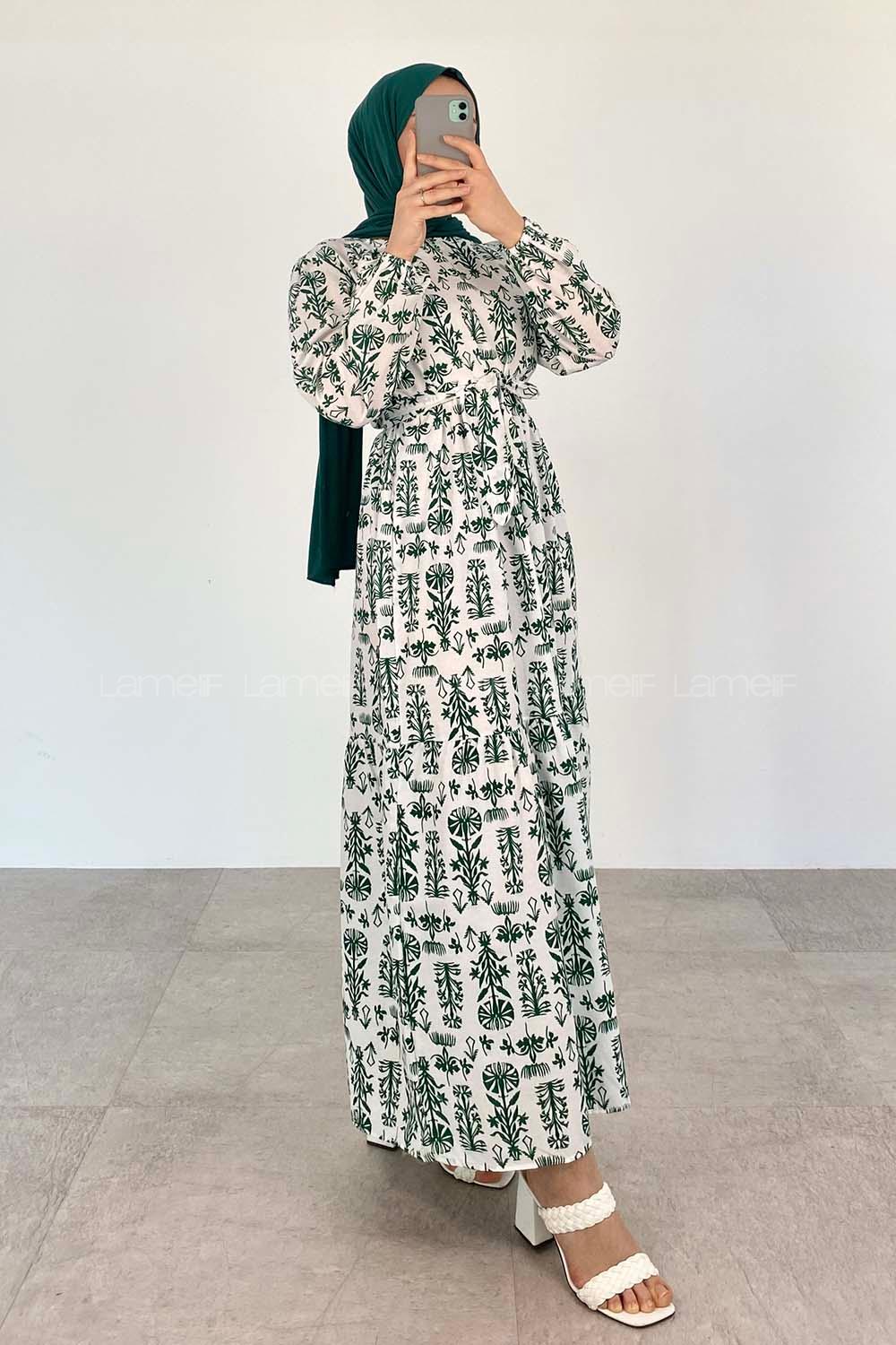 Emerald Green Crew Neck Poplin Fabric Printed Dresess