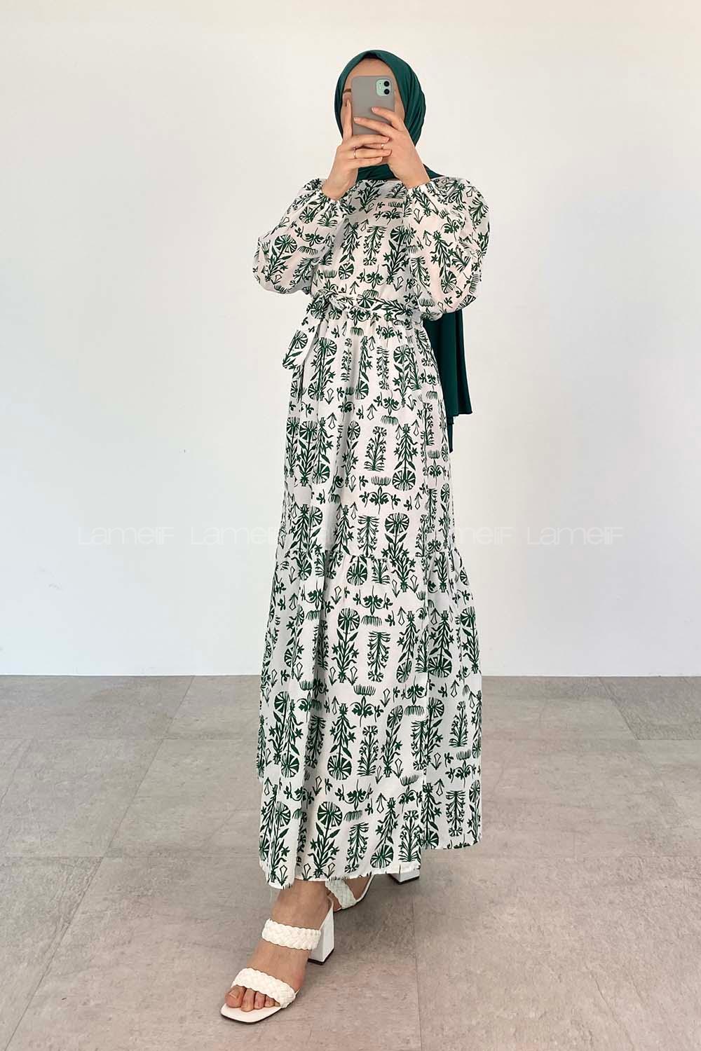 Emerald Green Crew Neck Poplin Fabric Printed Dresess