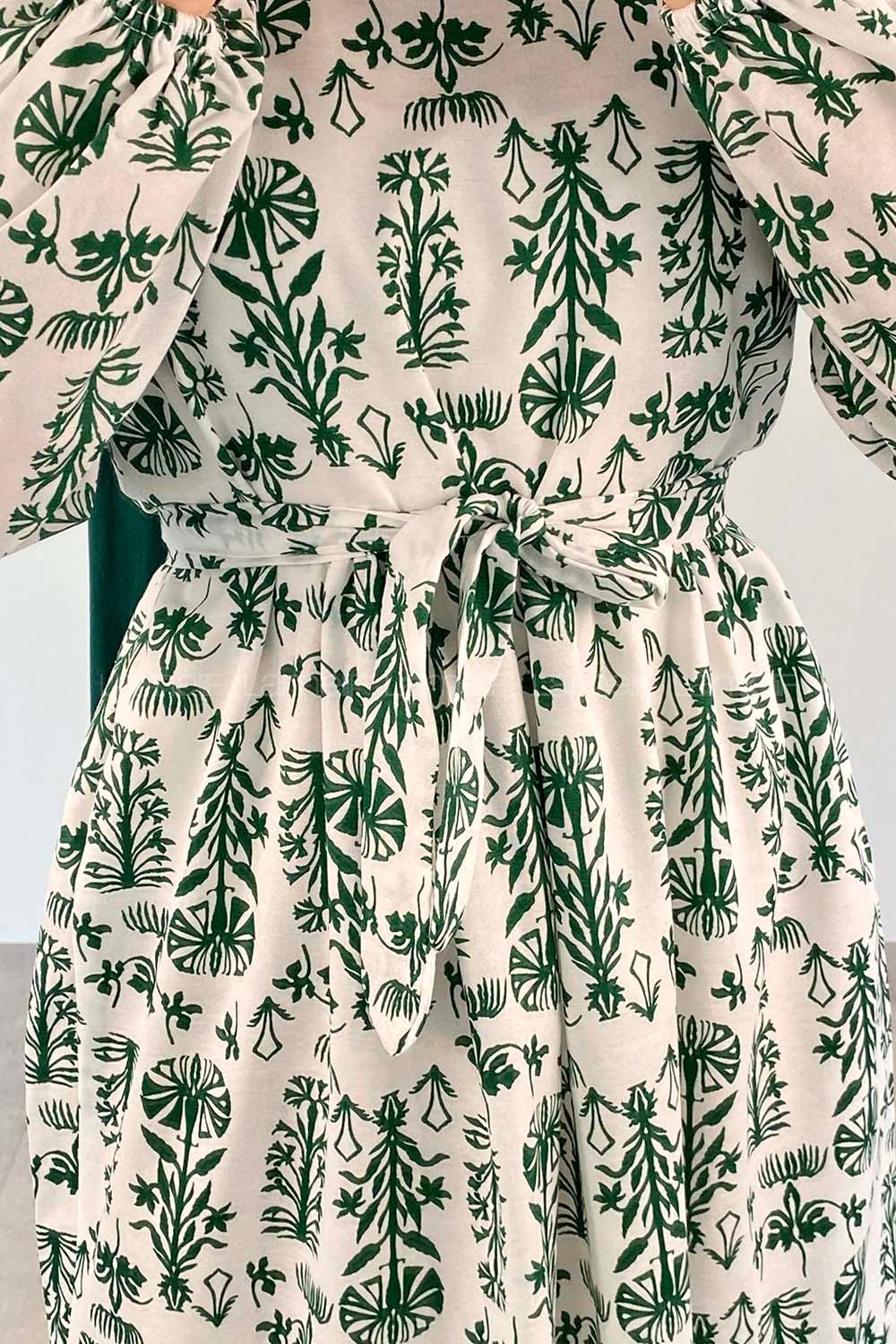 Emerald Green Crew Neck Poplin Fabric Printed Dresess