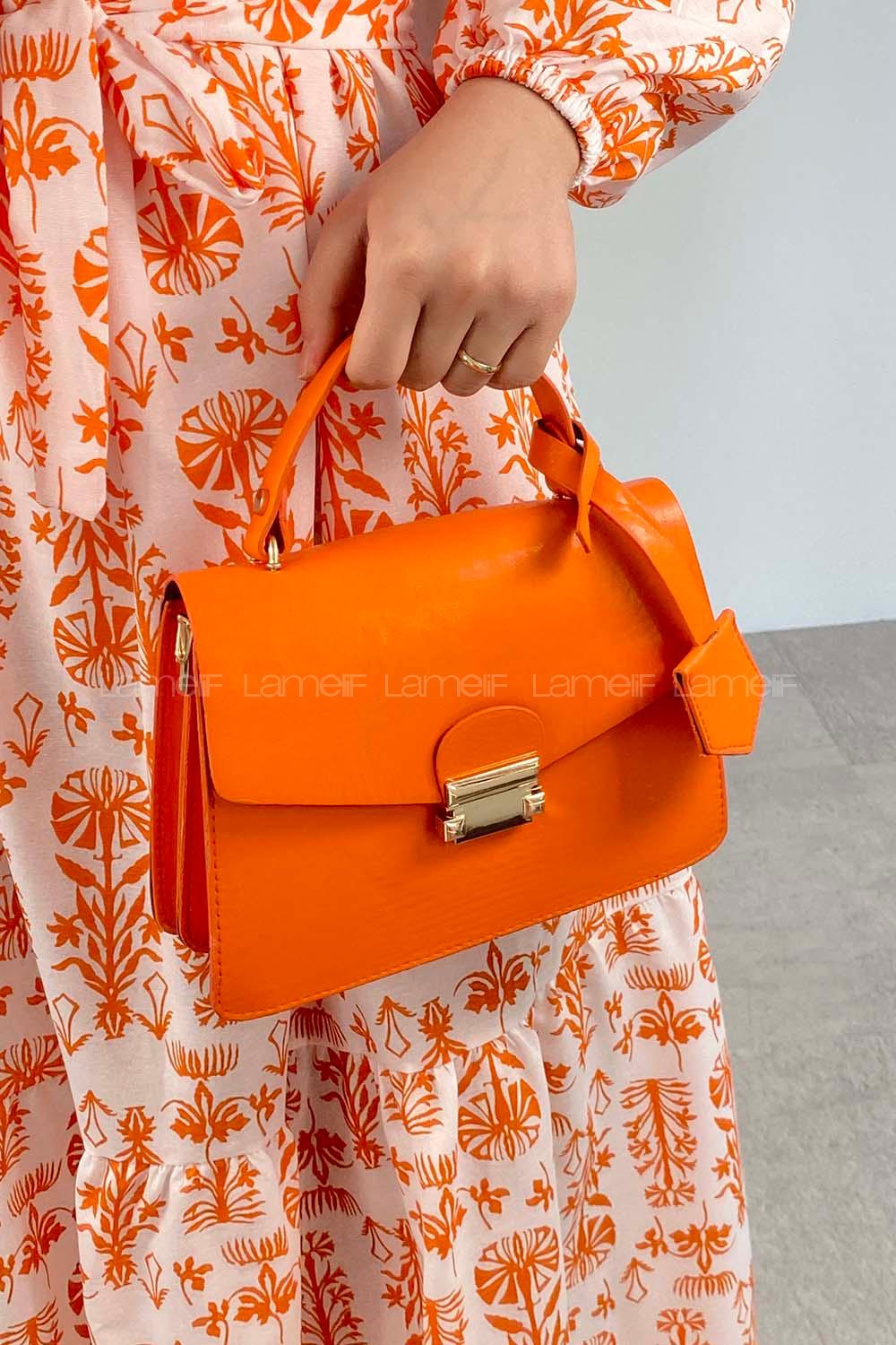 Orange Buckle Skin Hand Bag Bag