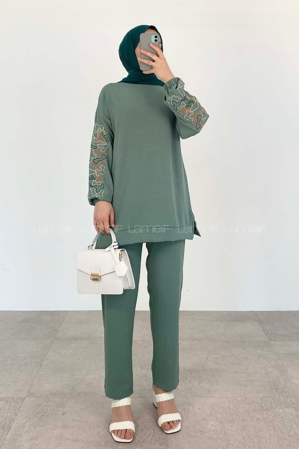 Mint Green Crew Neck Long Arm Without Accessories Ayrobin Trousers Comfortable Suit