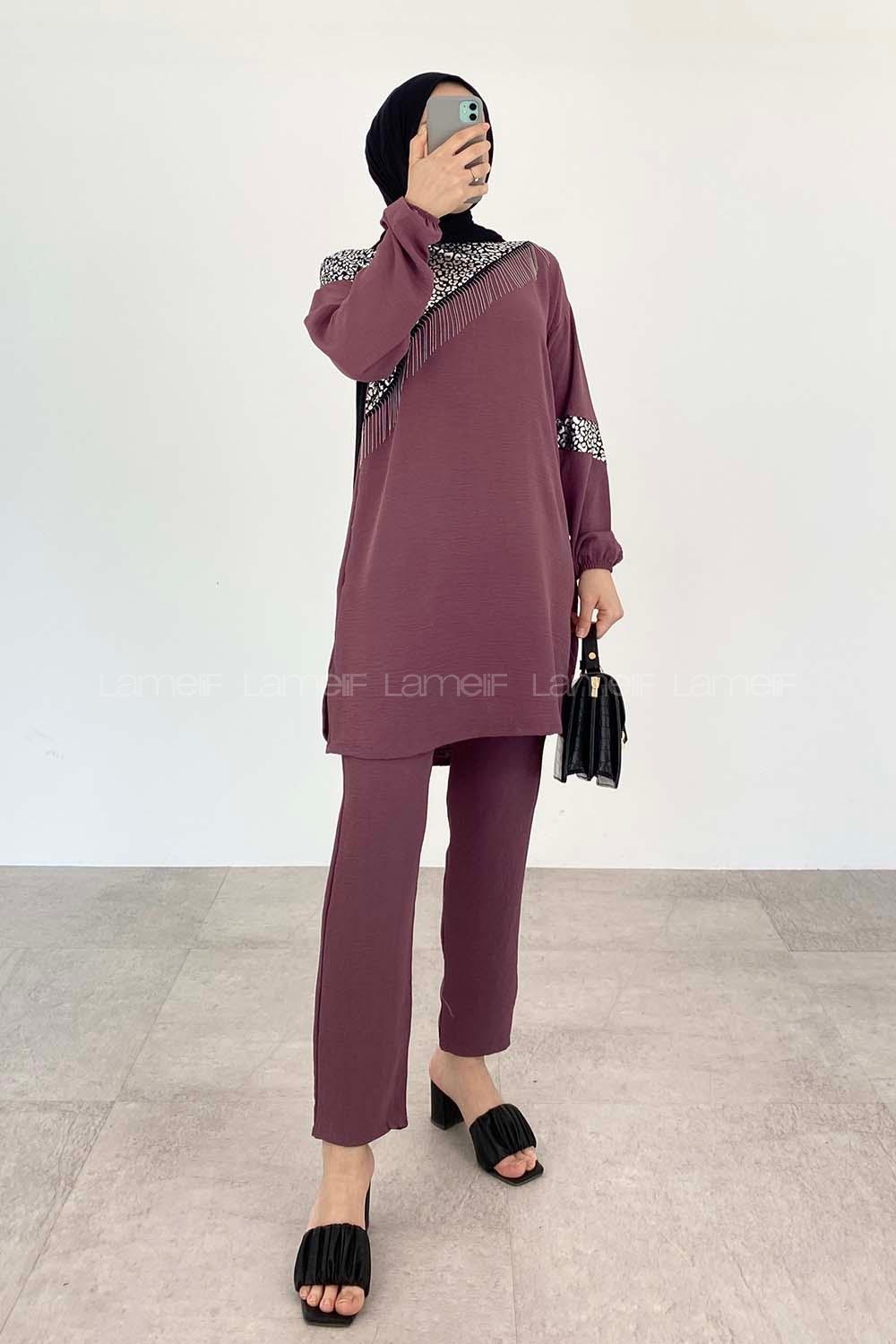 Plato Crew Neck Long Arm Beaded Ayrobin Trousers Comfortable Suit