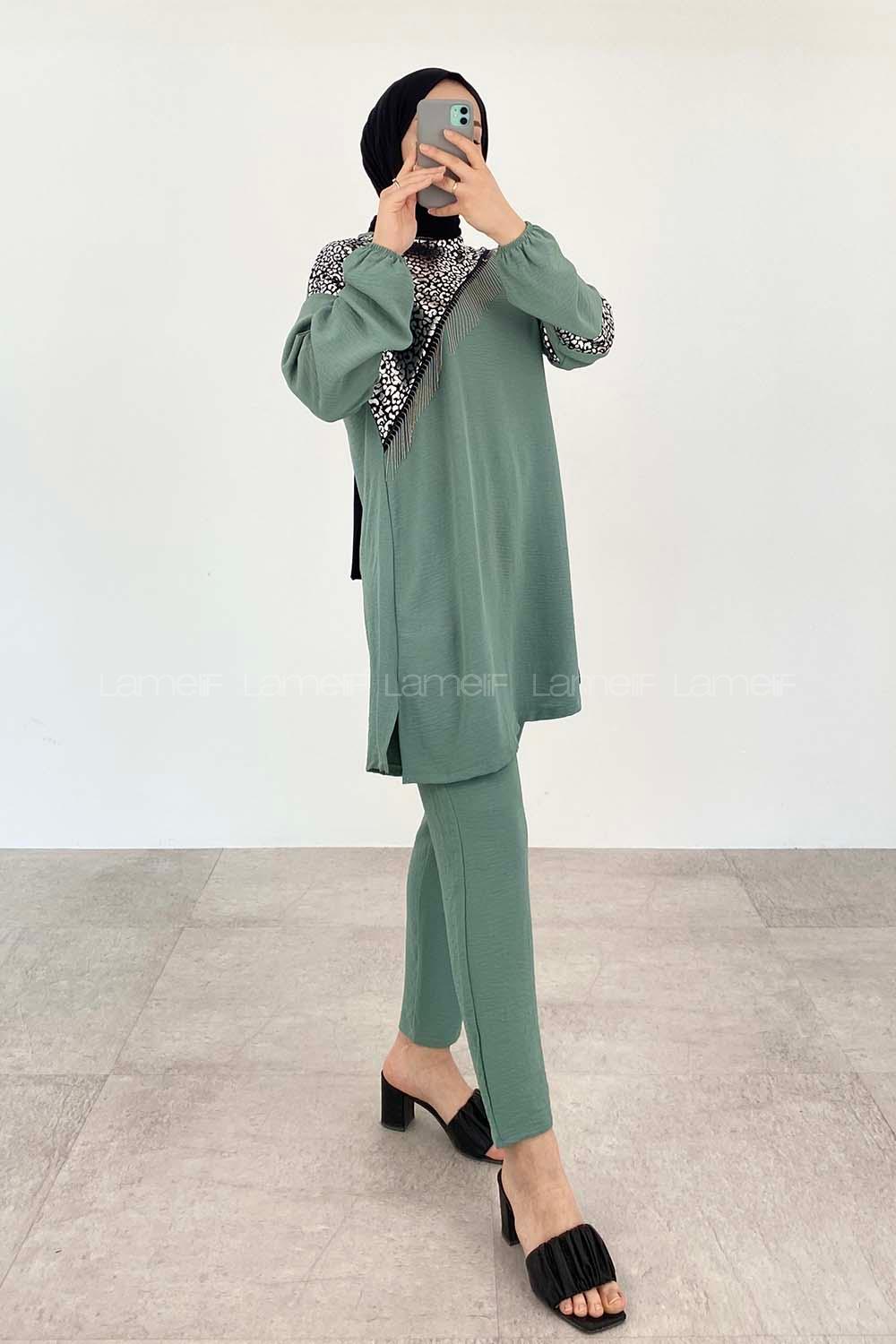 Pastel Green Crew Neck Long Arm Beaded Ayrobin Trousers Comfortable Suit