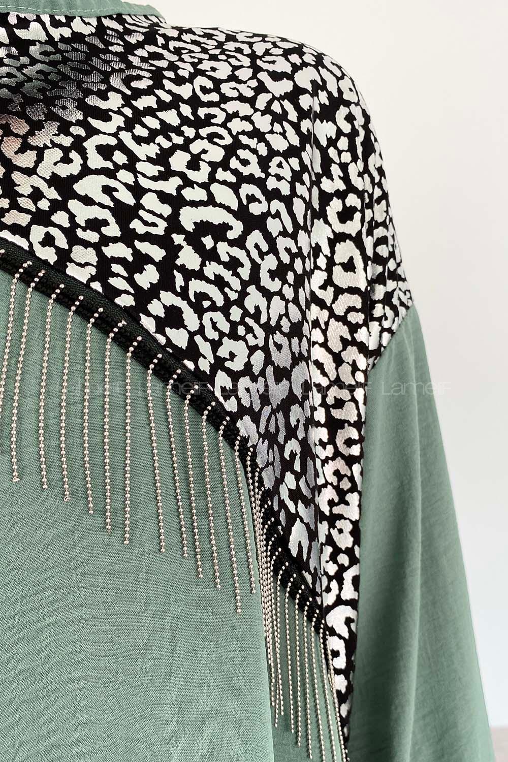 Pastel Green Crew Neck Long Arm Beaded Ayrobin Trousers Comfortable Suit