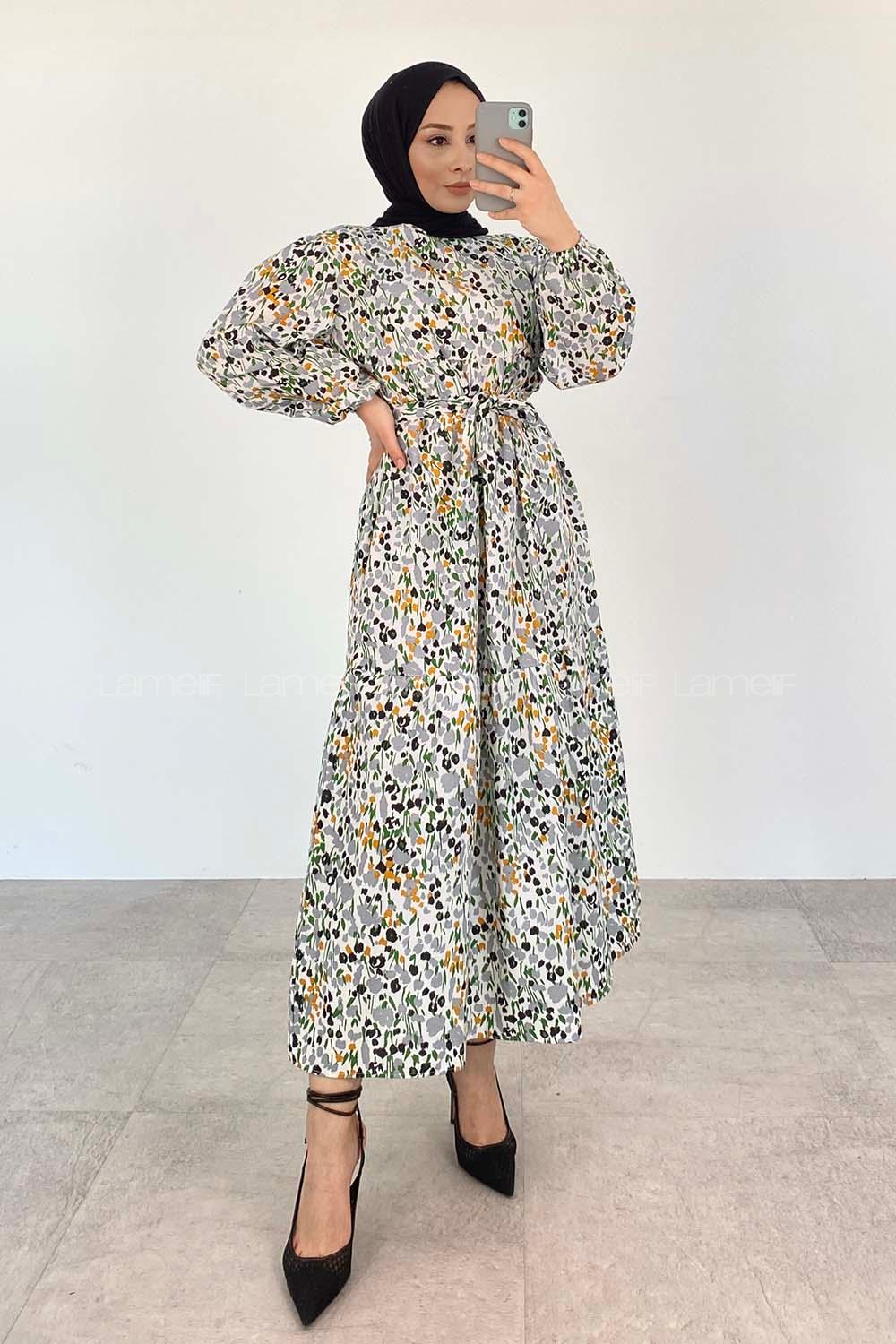 Gray Crew Neck Poplin Fabric Printed Dresess