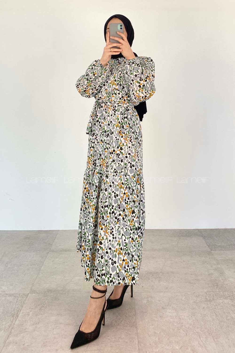 Gray Crew Neck Poplin Fabric Printed Dresess