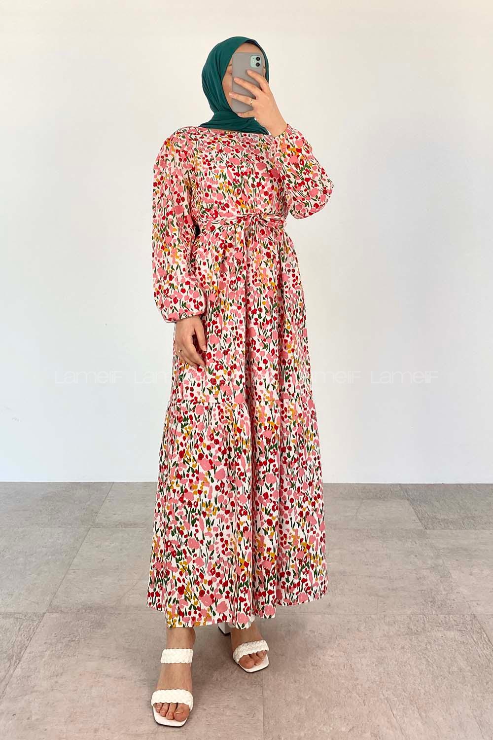 Pink Crew Neck Poplin Fabric Printed Dresess