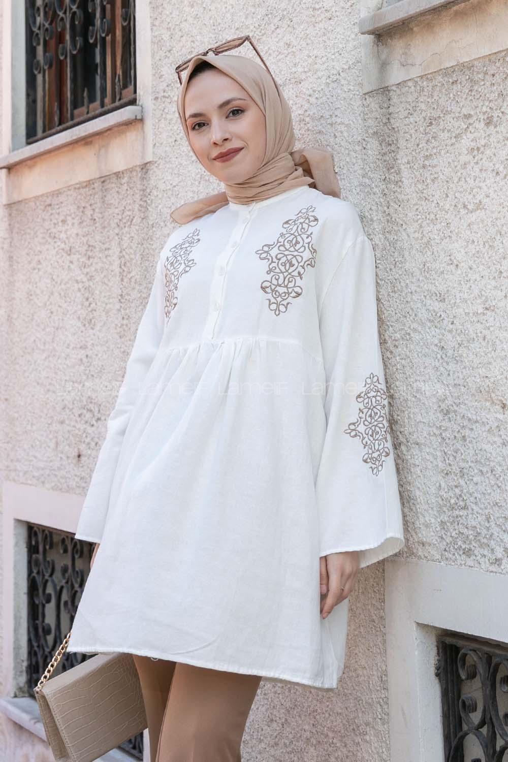 White Mandarin Collar Linen Printed Tunic