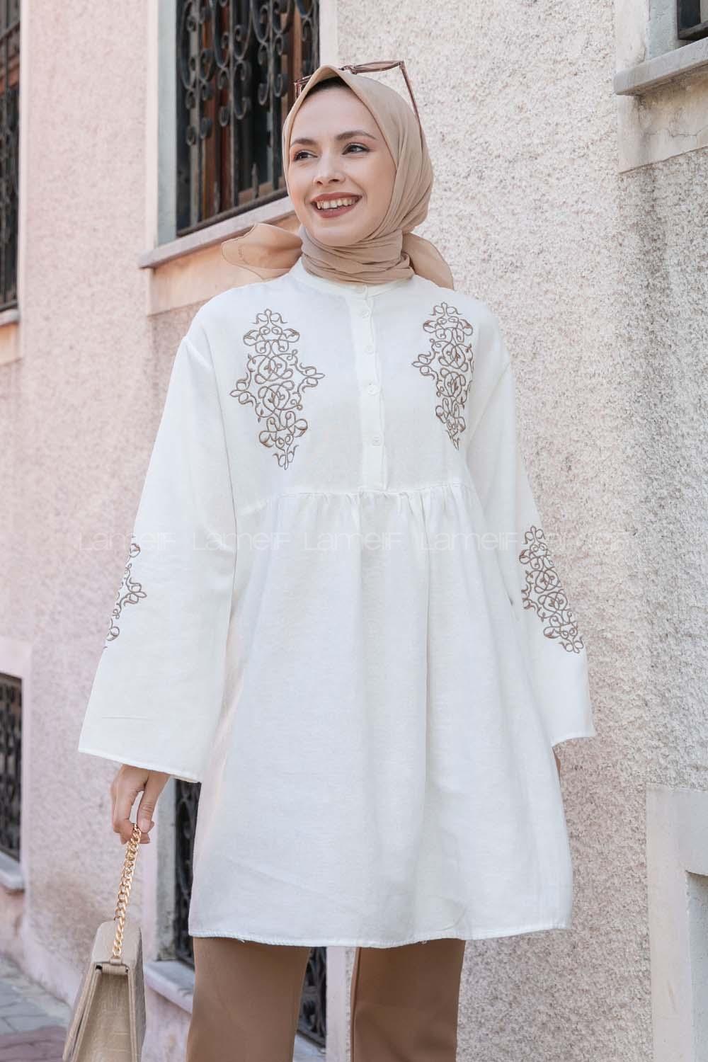 White Mandarin Collar Linen Printed Tunic