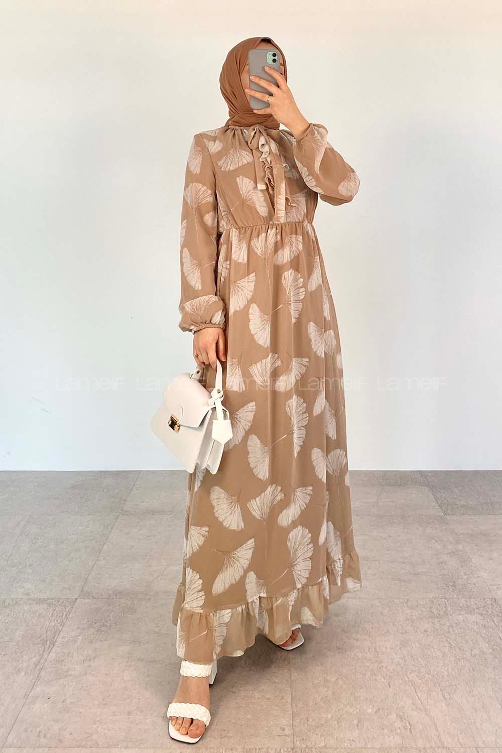Modalamelif Ön Fırfırlı Şifon Elbise Bej