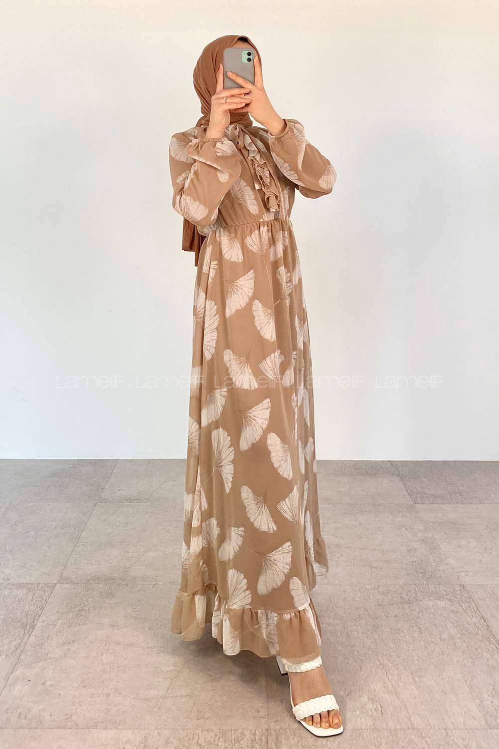Modalamelif Ön Fırfırlı Şifon Elbise Bej