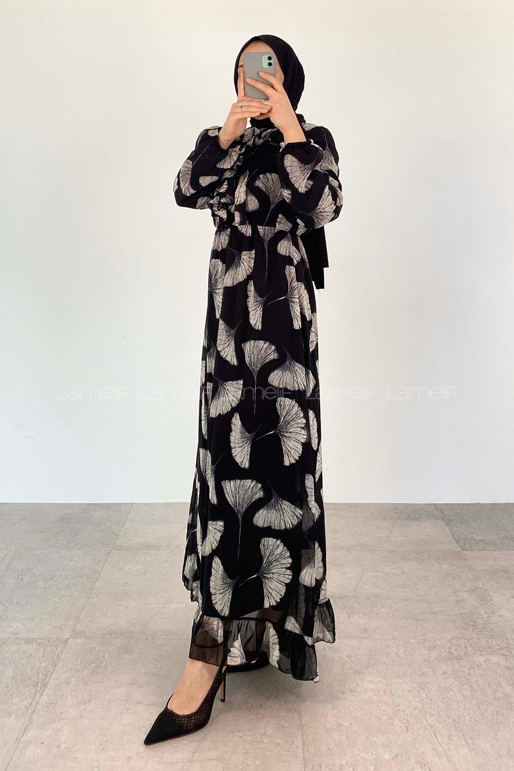 Black Mandarin Collar Cotton Fabric Printed Dresess