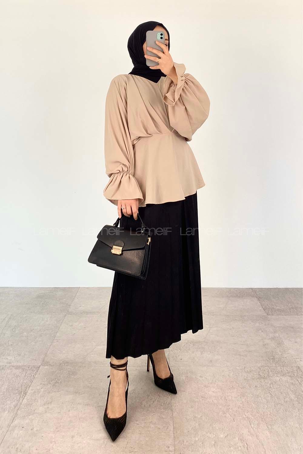 Beige V Neck Crepe Fabric Unprinted Tunic